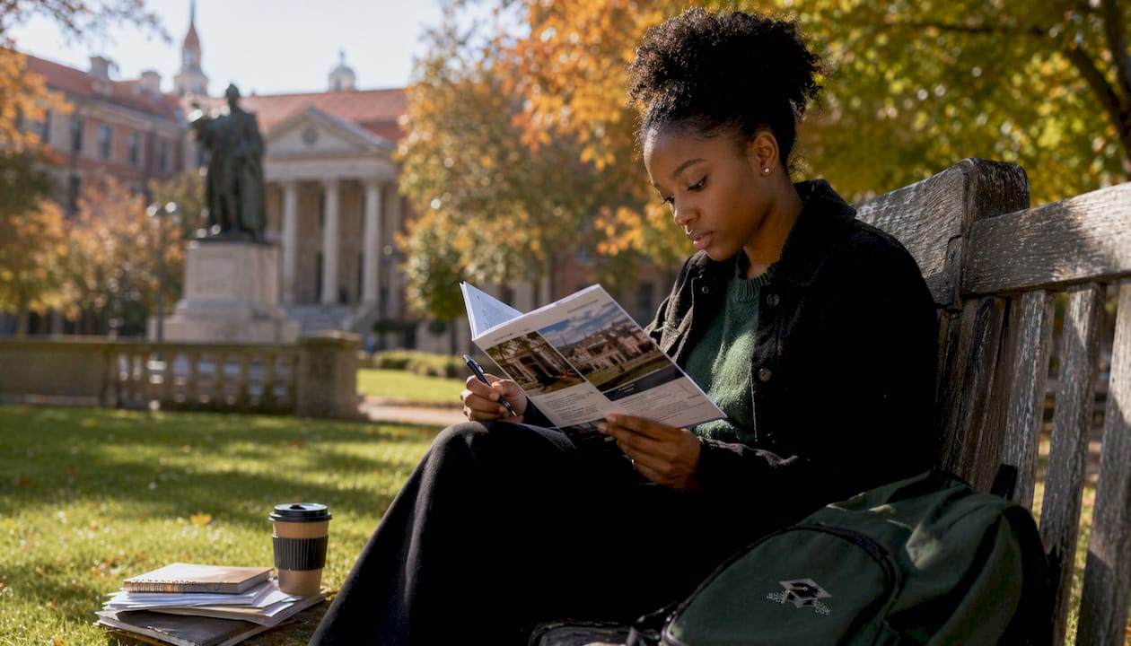Student reviewing Ivy League campus brochure outdoors