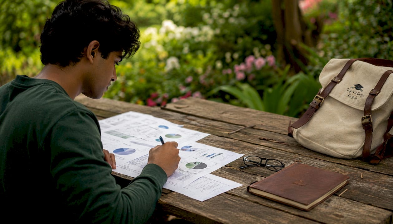 Hands pointing at college admission data charts on table