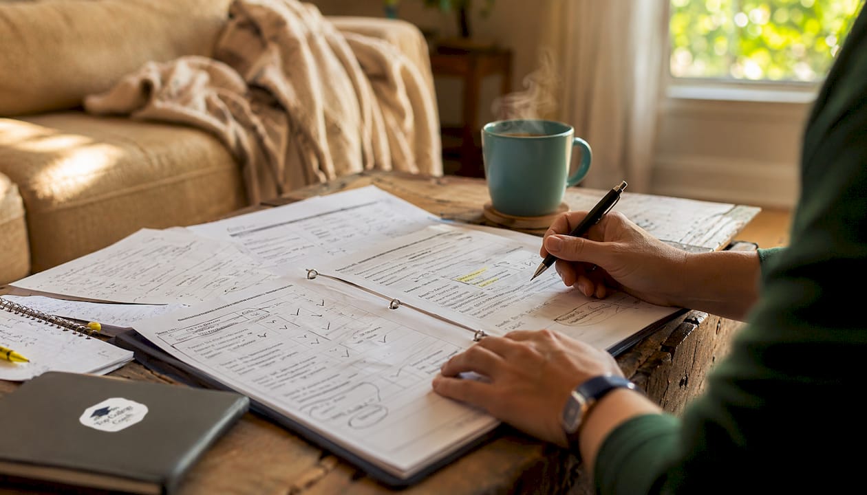 Hands reviewing admissions interview rubric on desk