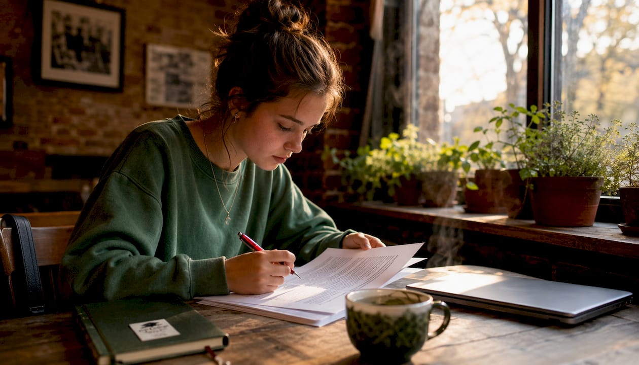 Student reviewing college application essay at home