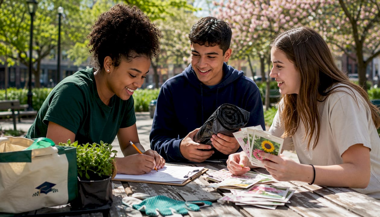 Teenagers engaged in community volunteer work outdoors