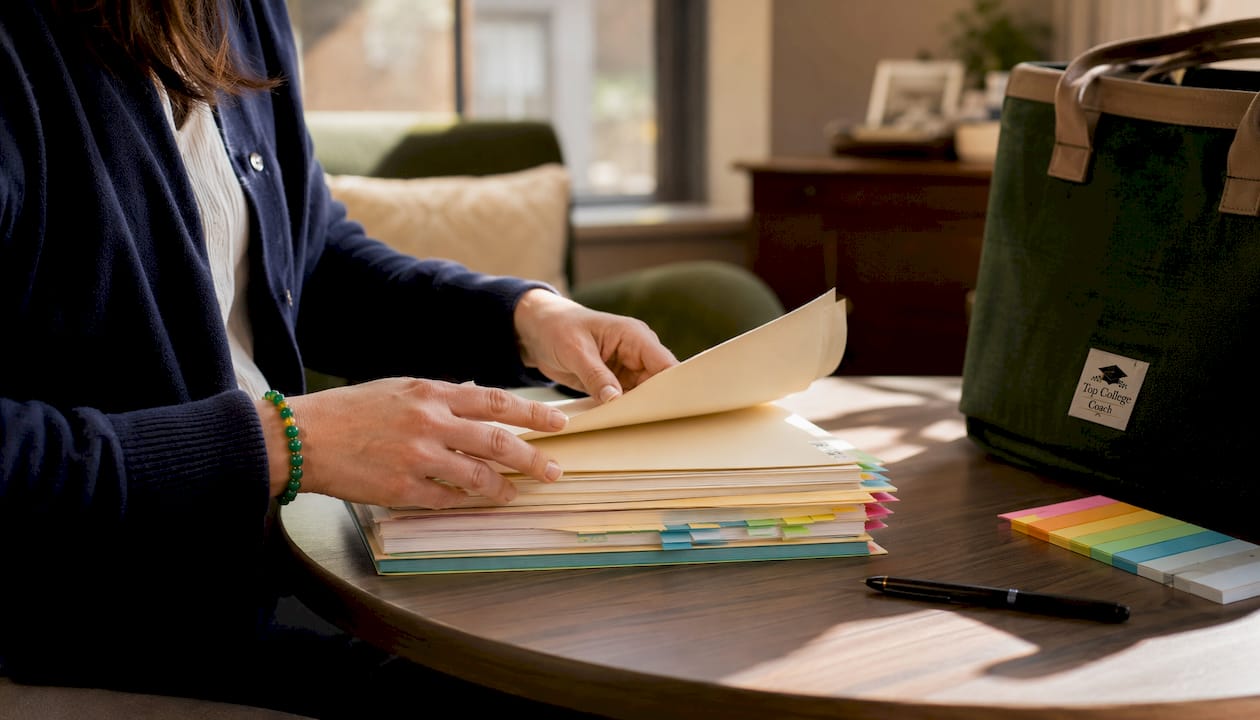 Hands sorting college application folders