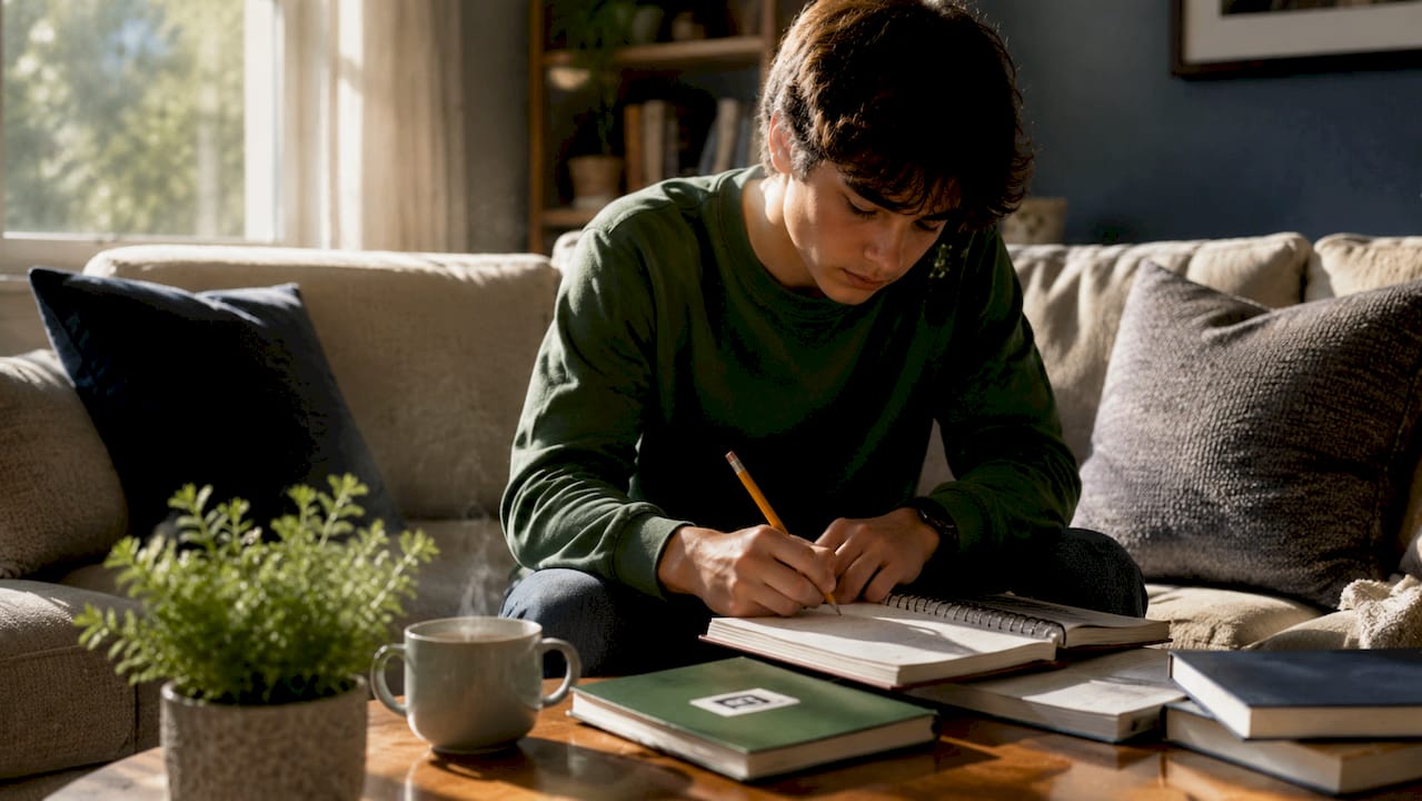 Student writing college admission essay at desk