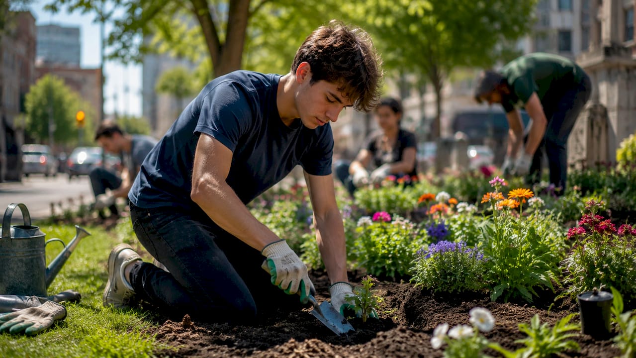 Young volunteer planting flowers outdoors