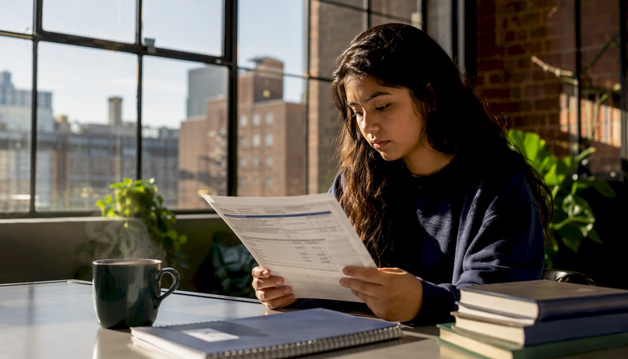Student reviewing PSAT score report at kitchen table