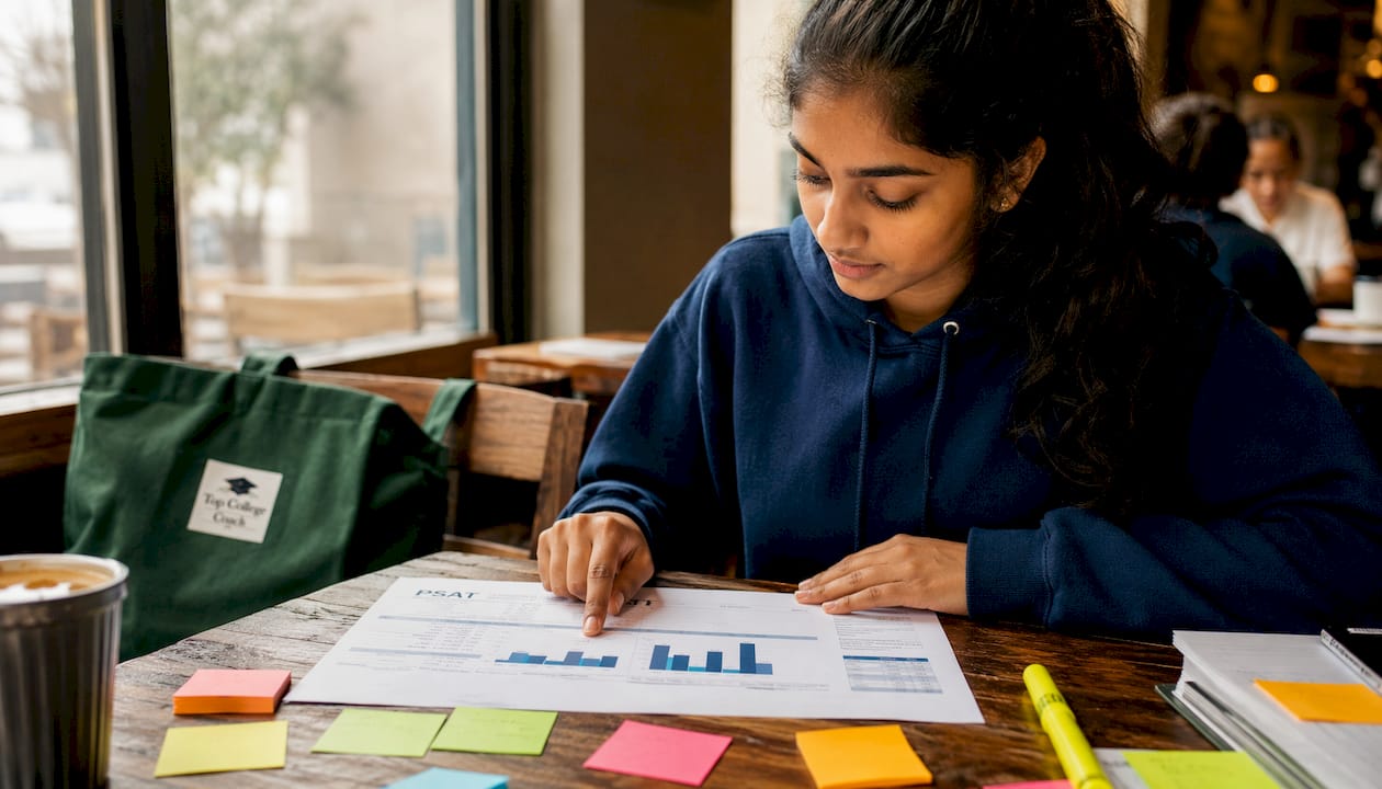 Close-up hands on PSAT scoring materials
