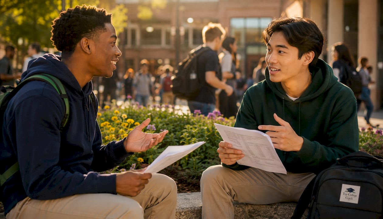 Two students discussing PSAT scores in library