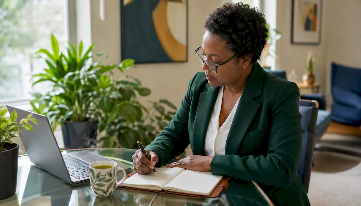 Alumni interviewer writing notes in home office