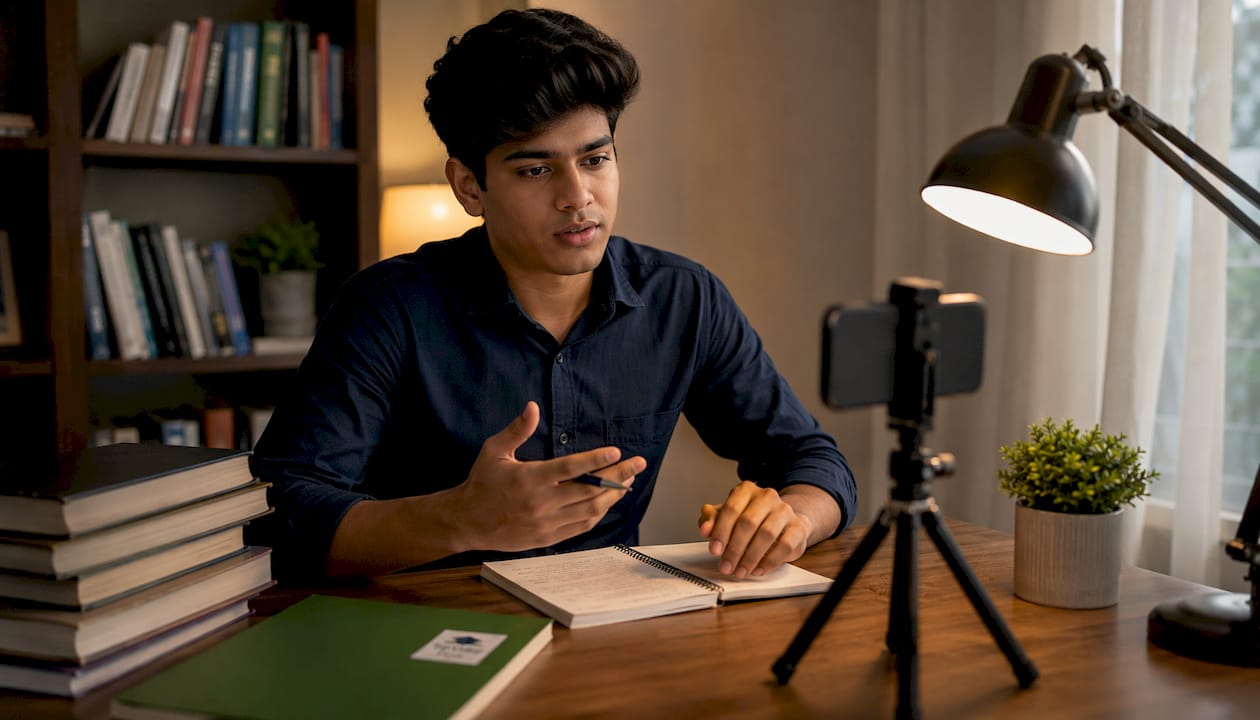 Student recording mock interview at home