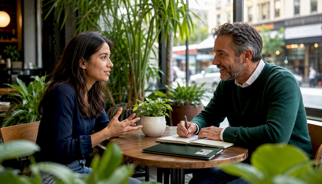 Student and alumni talking at university café
