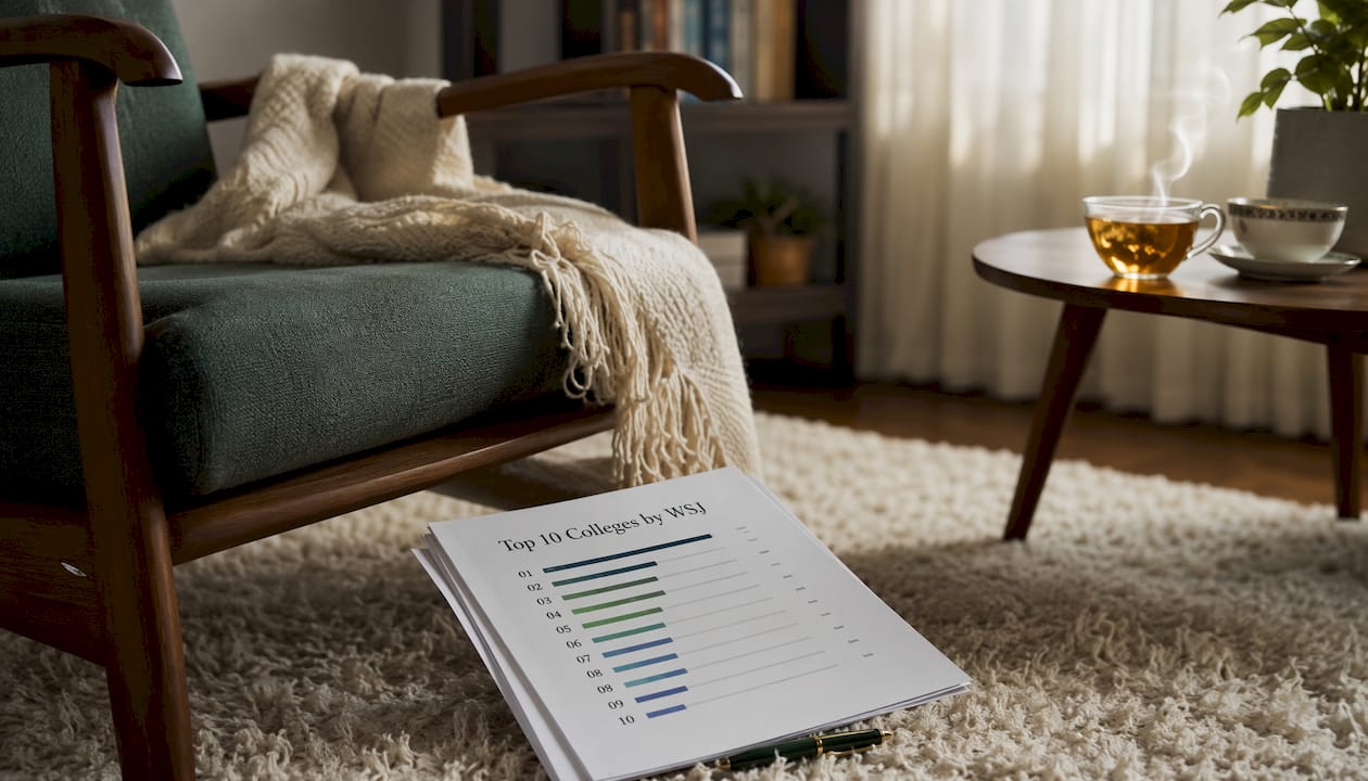Printed college ranking report on table