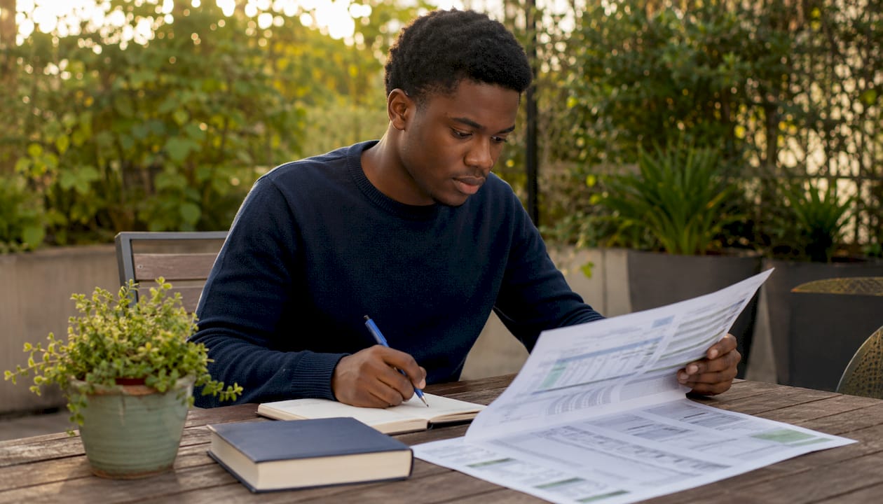 Overhead view of student reviewing course evaluation documents