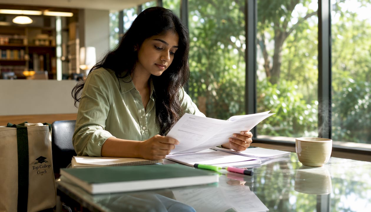 Woman reviewing international student application in office