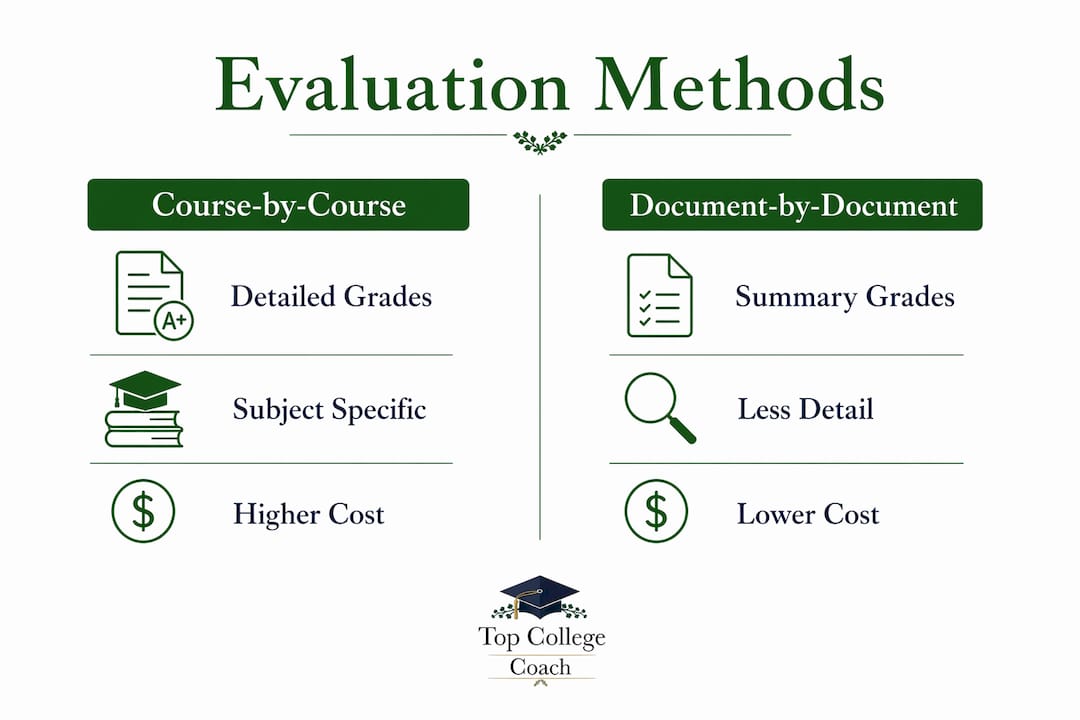 Infographic comparing course-by-course and document-by-document evaluations