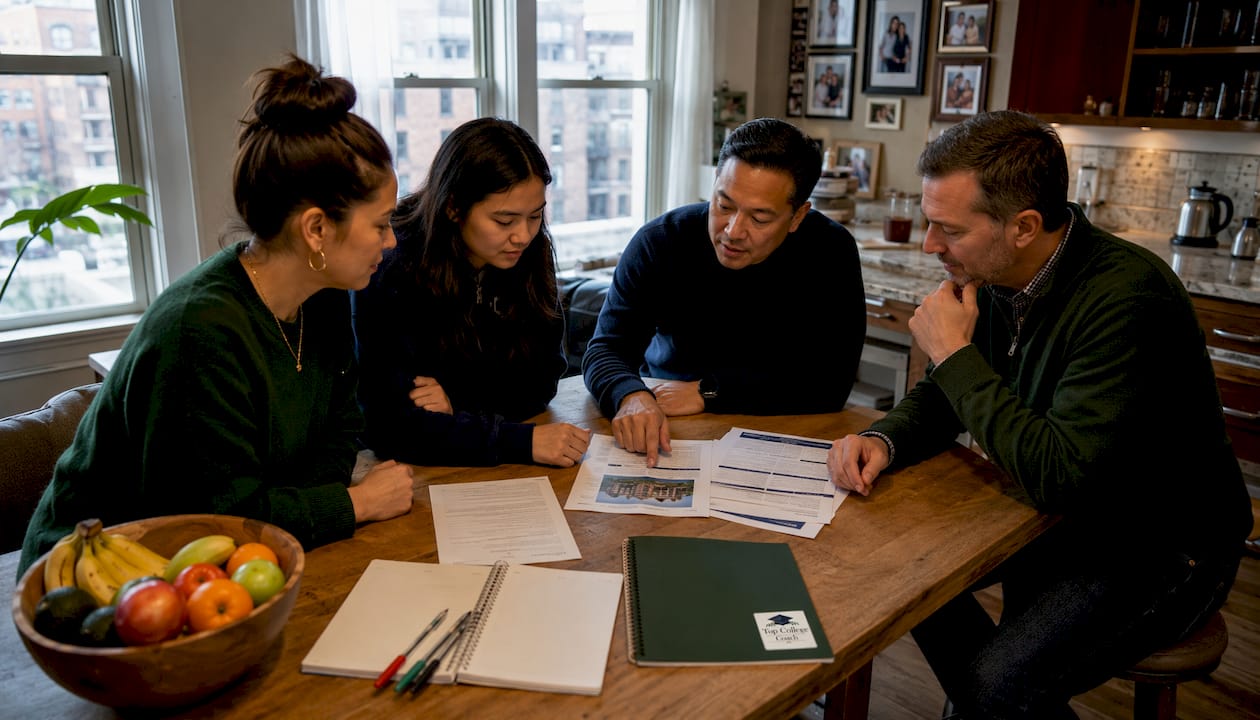 Parents discussing Georgetown admission materials