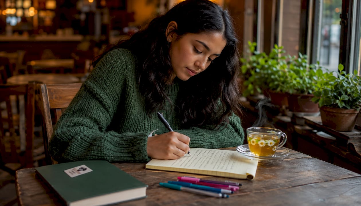 Hands writing essay draft on desk with study tools