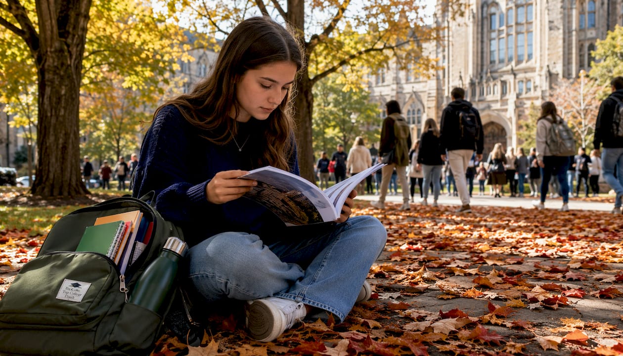 Student reading Yale admissions guide outdoors