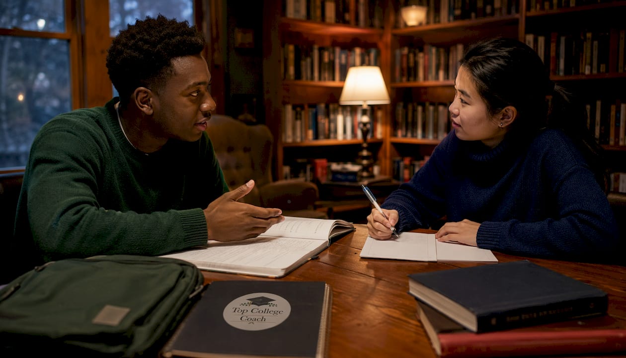 Two students discussing academics at study table