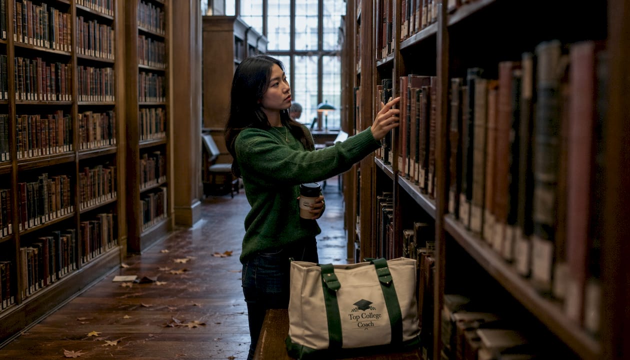Student browsing Widener Library stacks interior