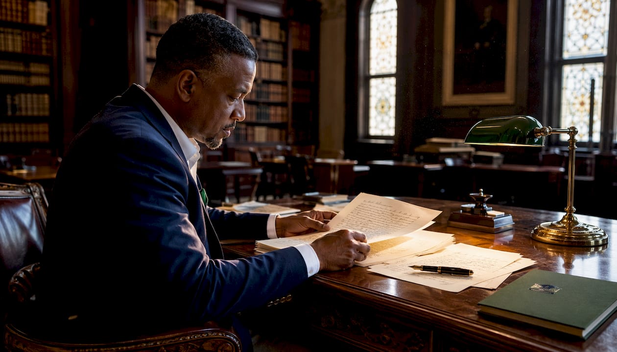 Historic Harvard president reviewing documents