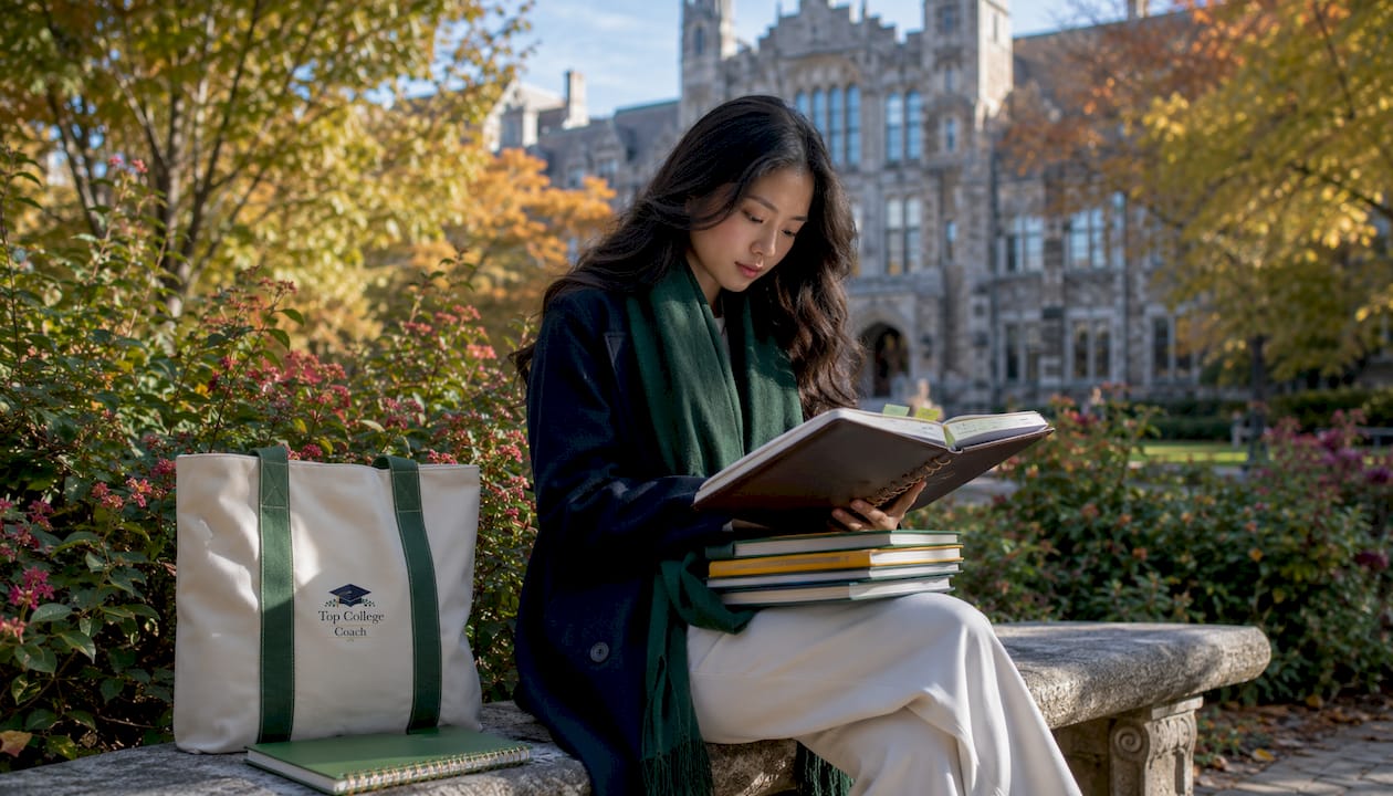 Student studying on liberal arts campus bench