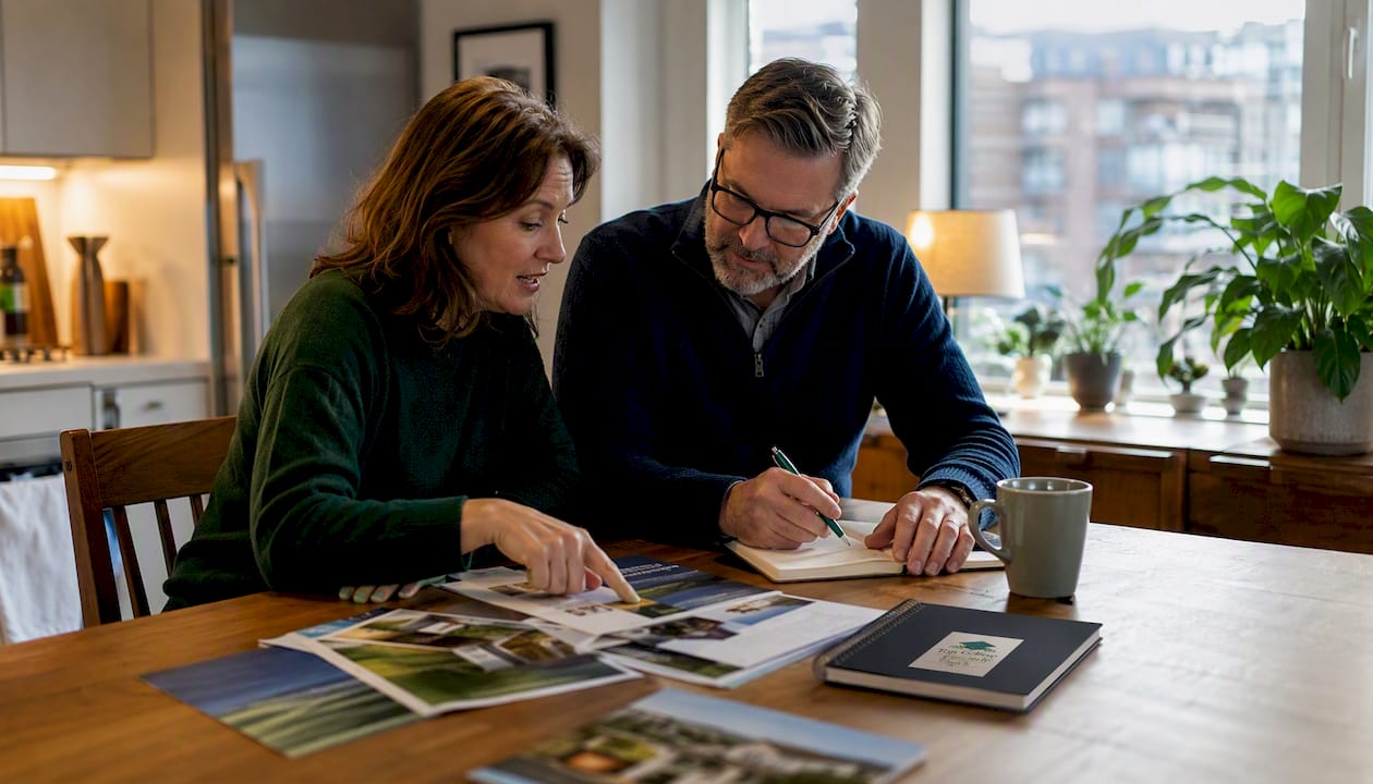 Parents discussing college brochures at home