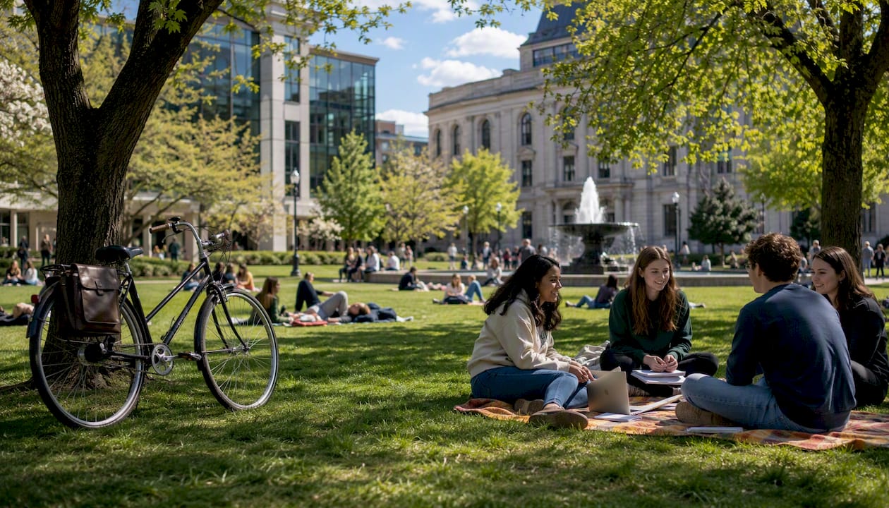 Wide campus view of top American college
