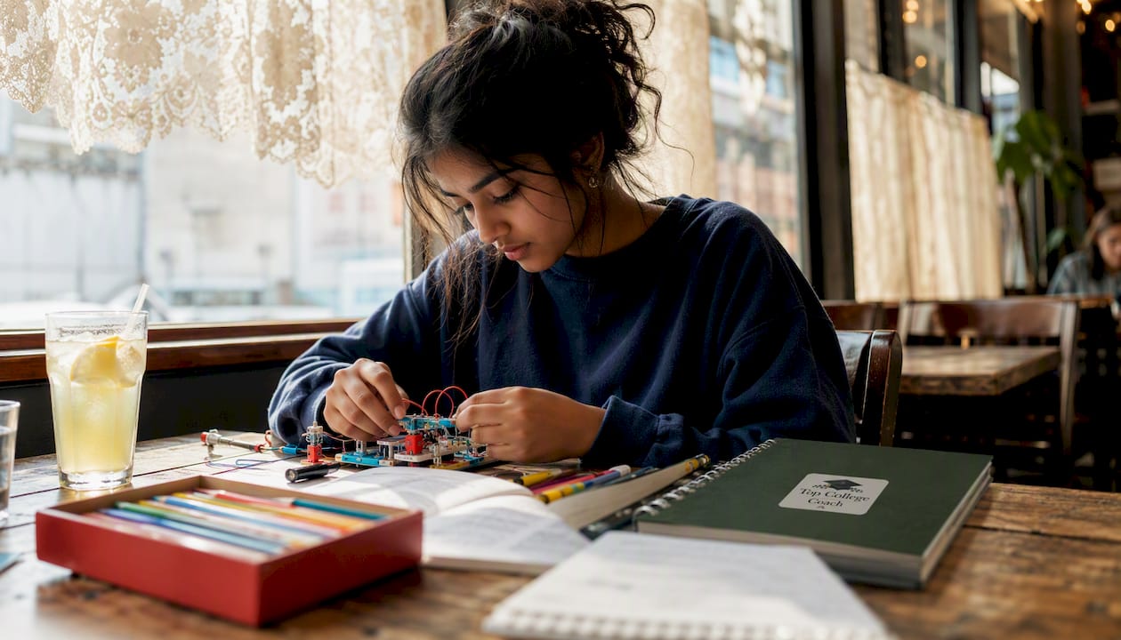 Eighth grader building science project at desk