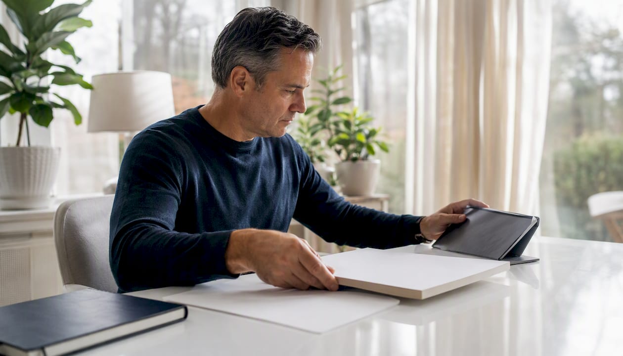 Parent organizing college application materials