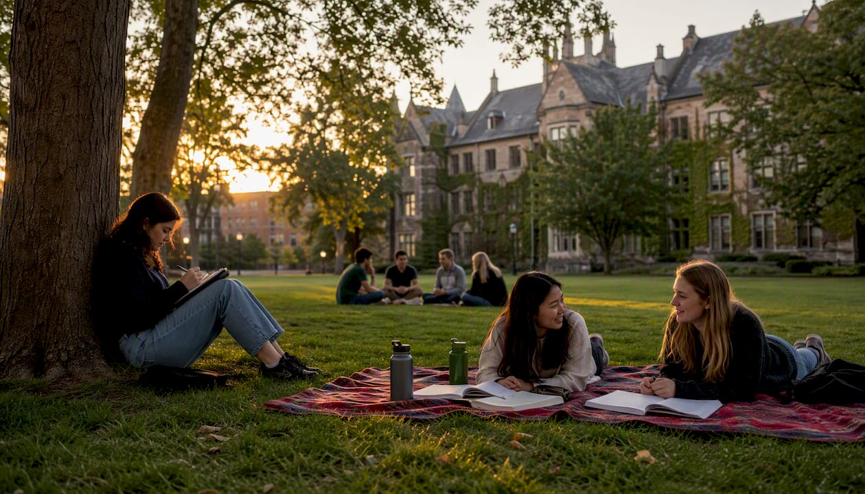 Students studying outdoors on small college campus