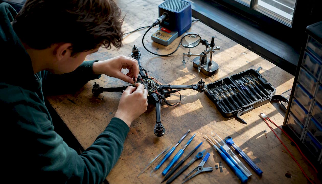 Hands assembling drone components in workshop