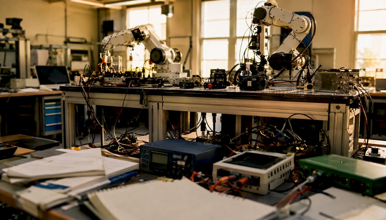 Robotic arm and sensors in research lab