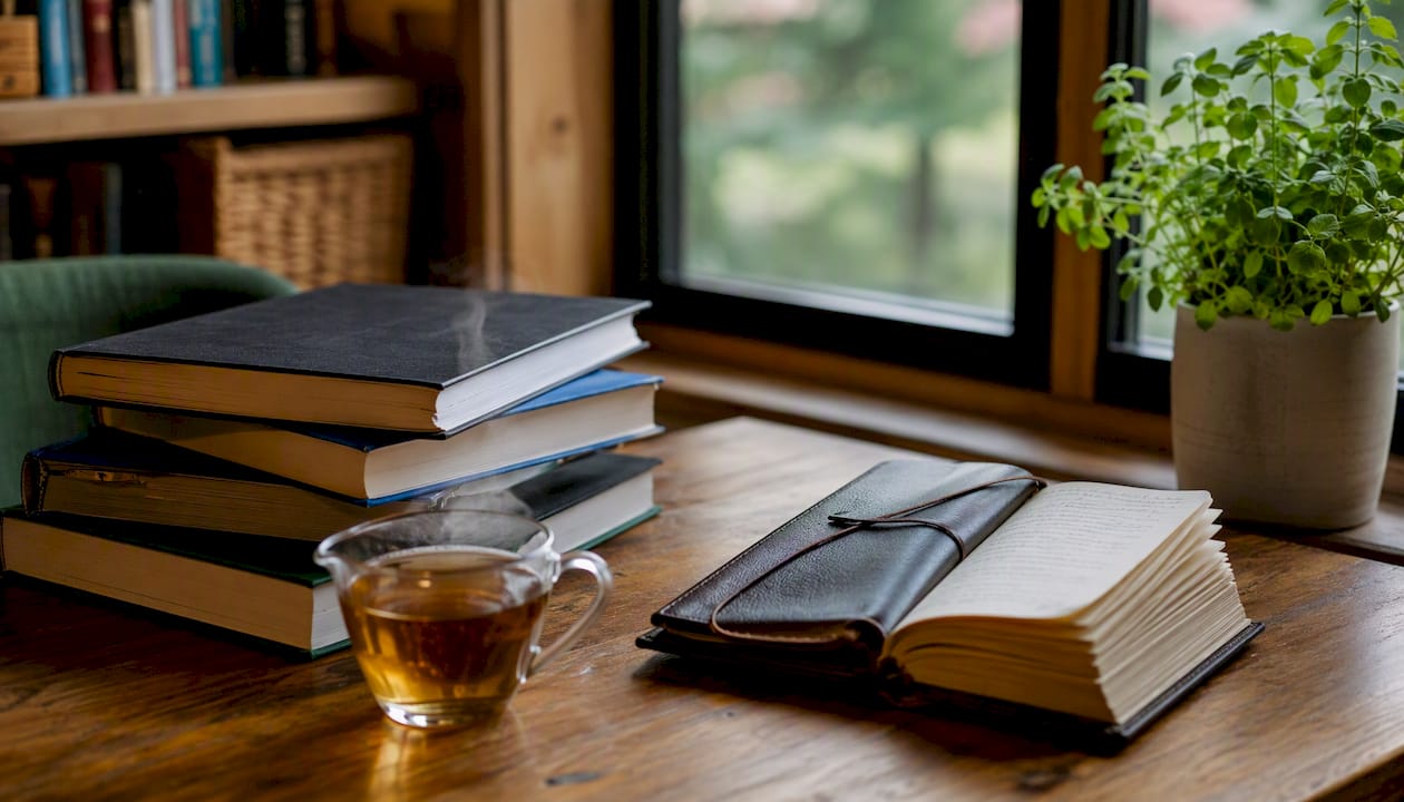 Desk setup for college essay reflection