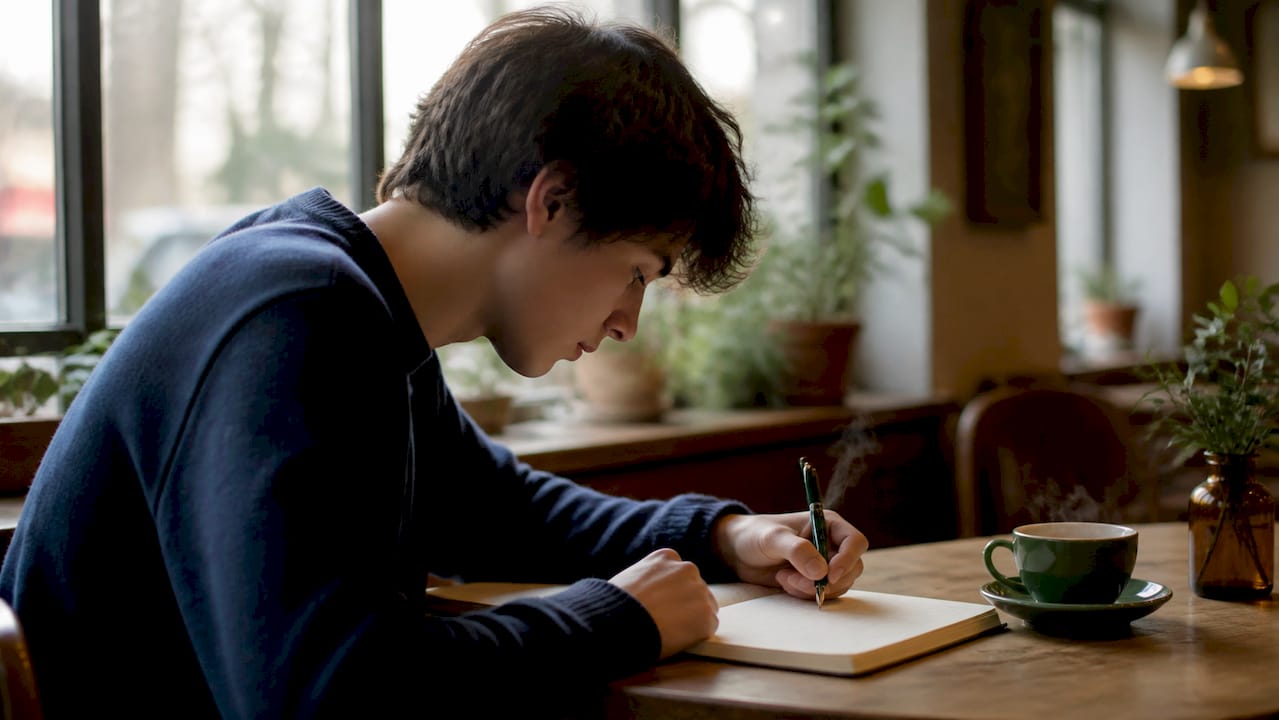 Student writing college essay draft