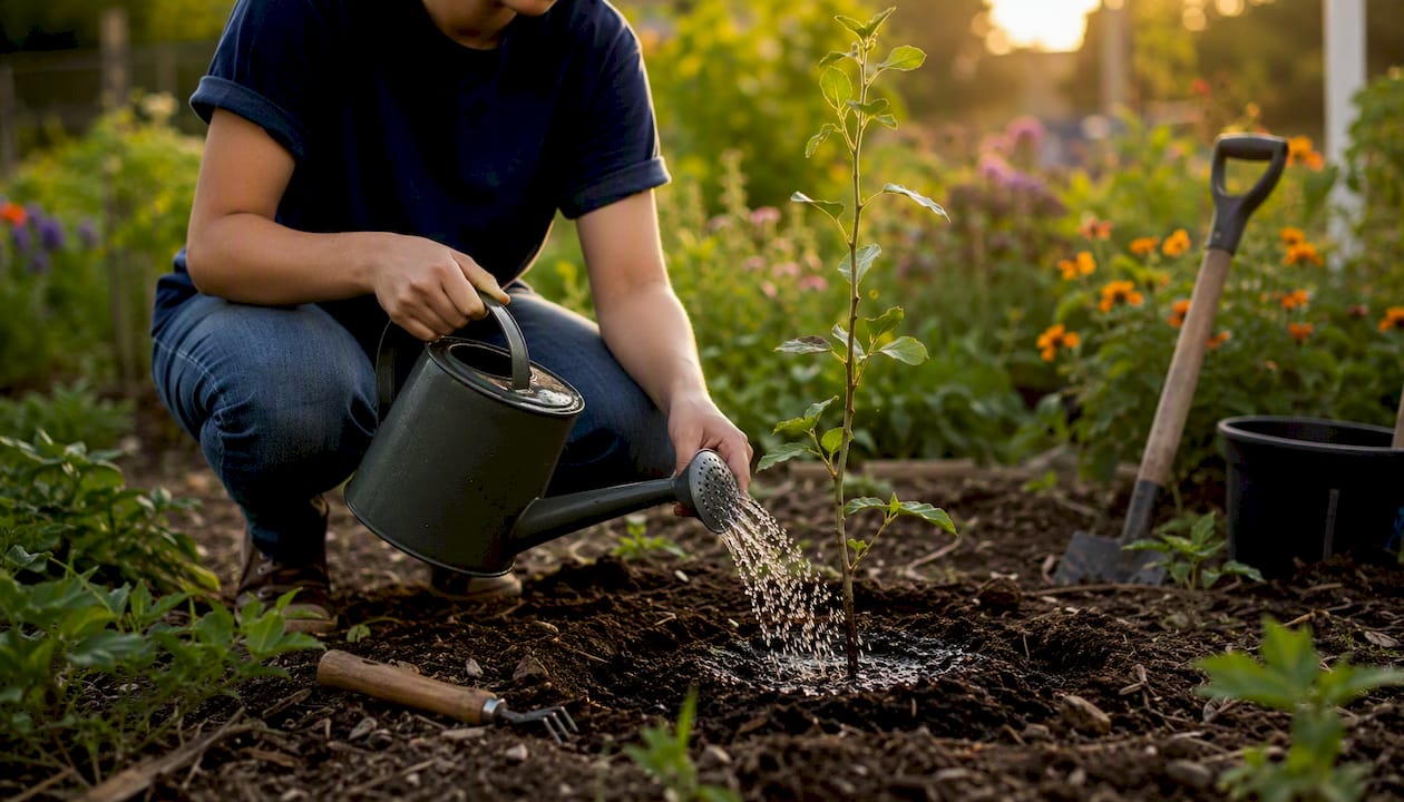 Hands planting tree sapling outdoors