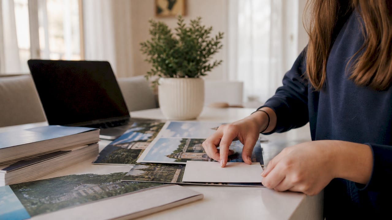 Hands organizing college brochures and spreadsheet