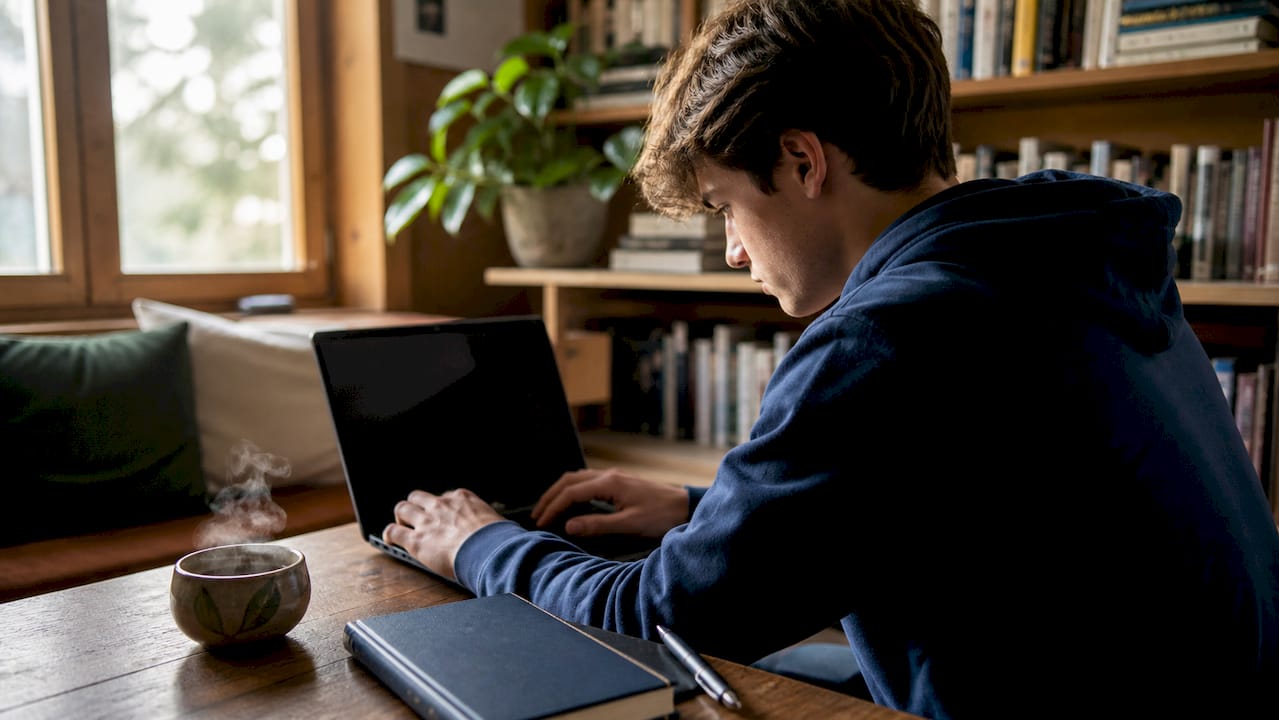 Student typing college essay at desk