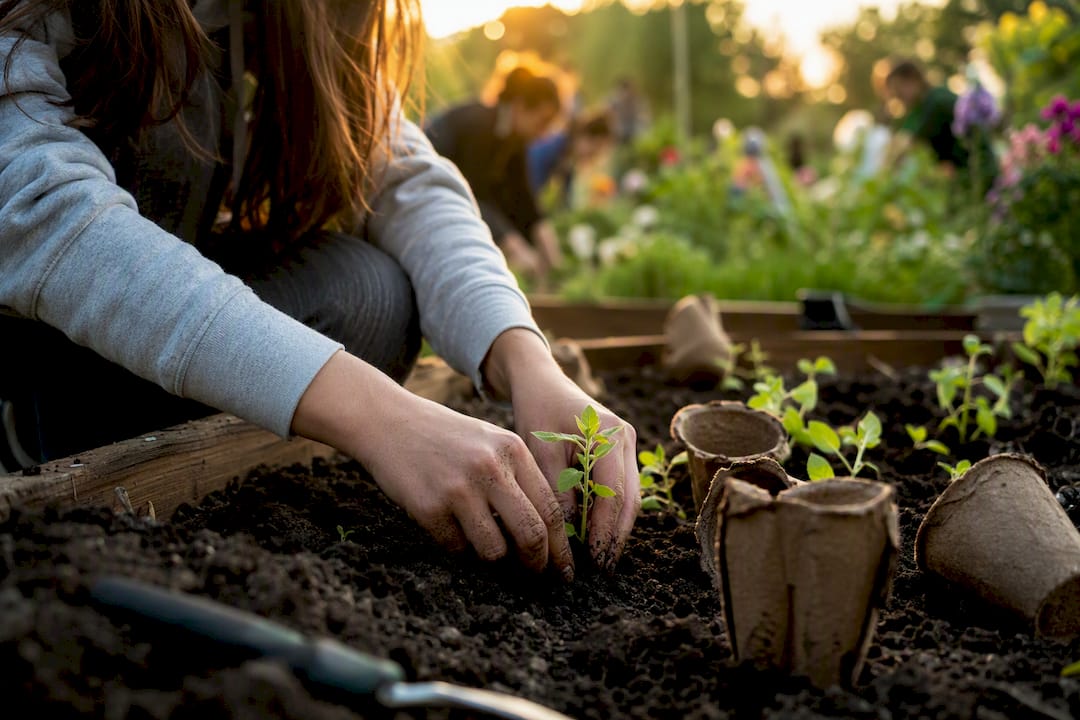 Hands planting seedlings in community garden