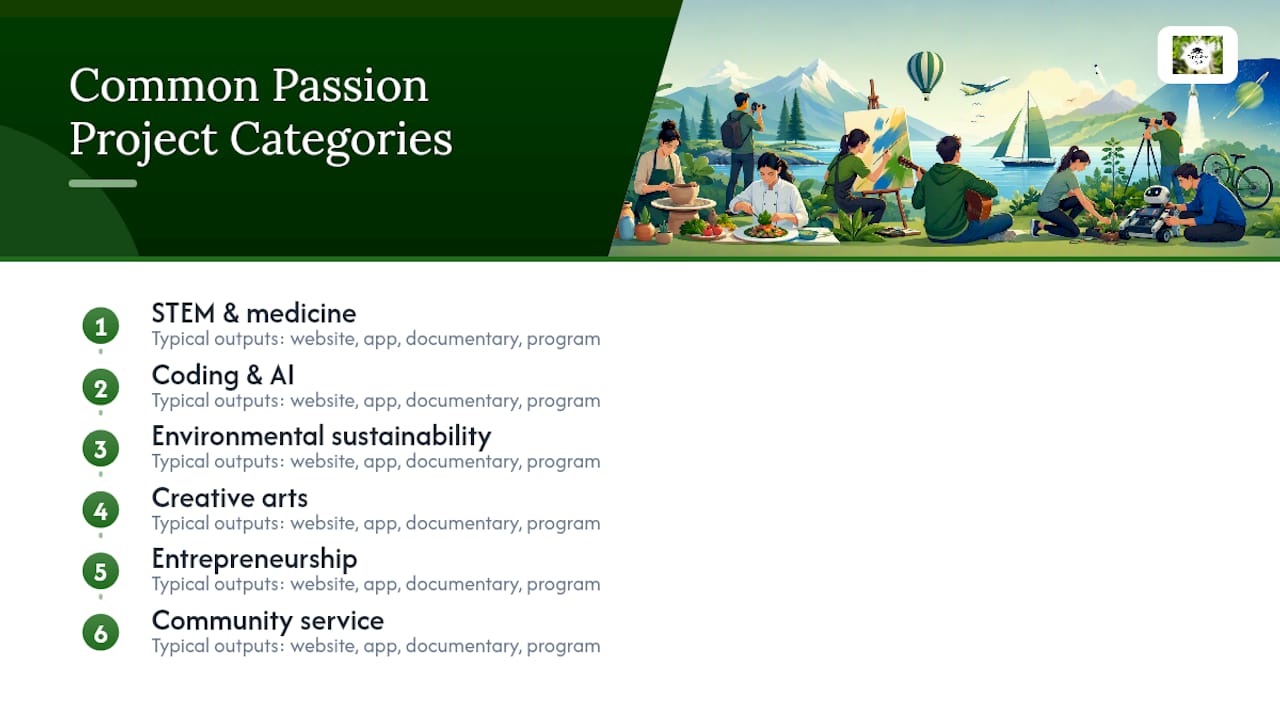 Diagram showing common passion project categories