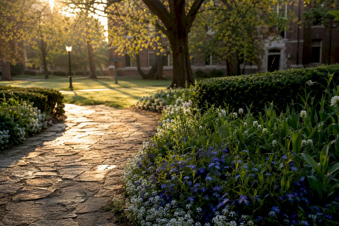 Empty college campus pathway and bench in daylight