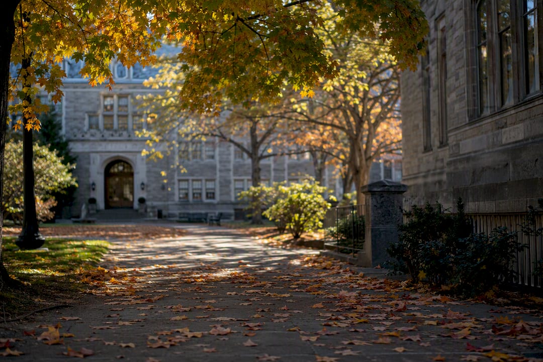 Dartmouth campus walking path with autumn leaves