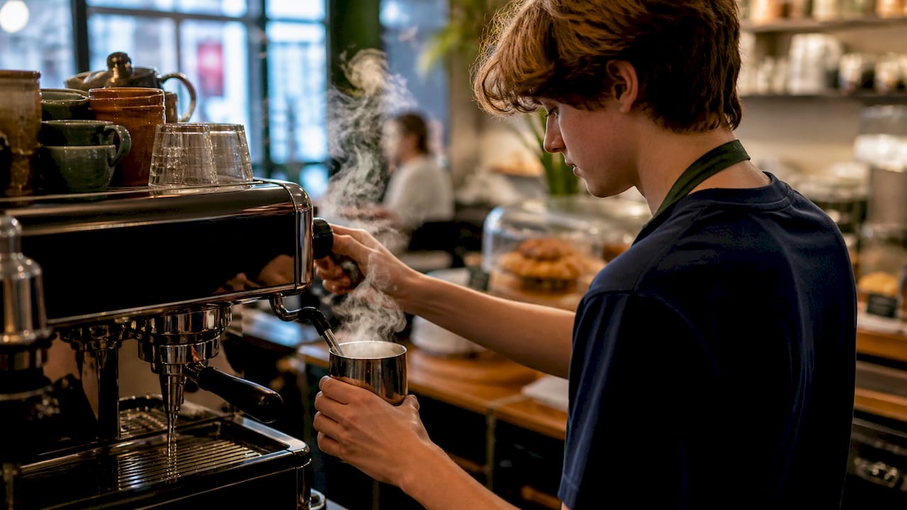 Teen steaming milk at coffee shop espresso machine