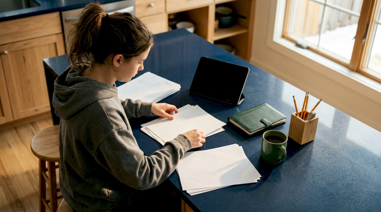 Student organizing application materials at home desk