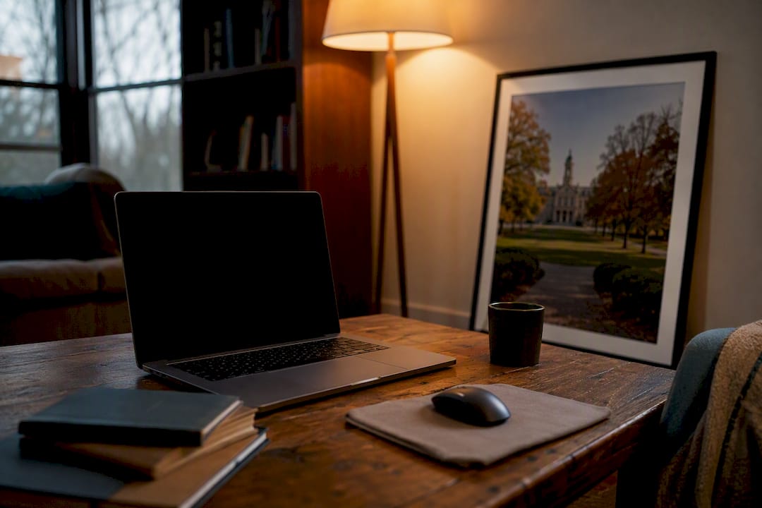 Laptop and study setup for virtual campus tour