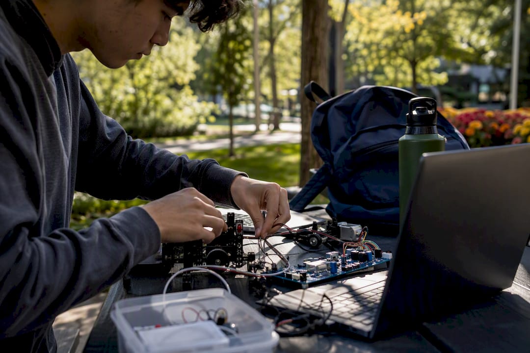 Hands assembling robotics parts with laptop keyboard silhouette
