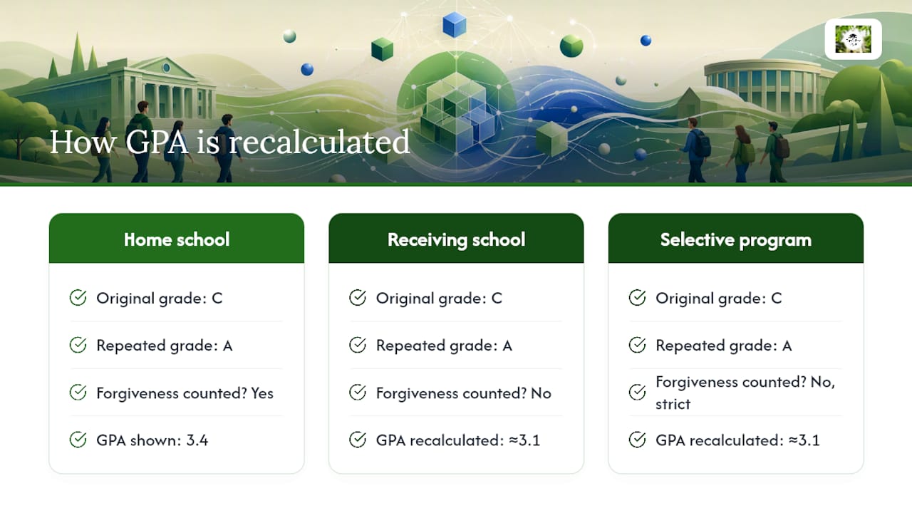 Diagram showing GPA recalculation with repeated courses