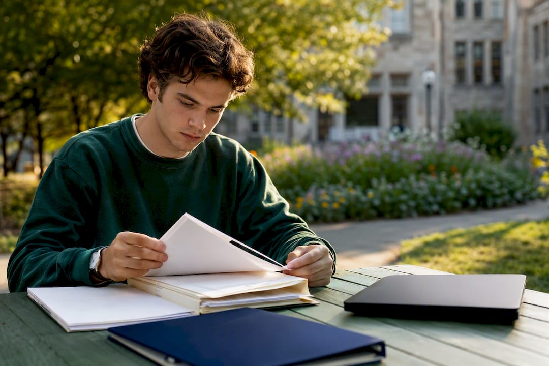 Student arranging transfer documents on table