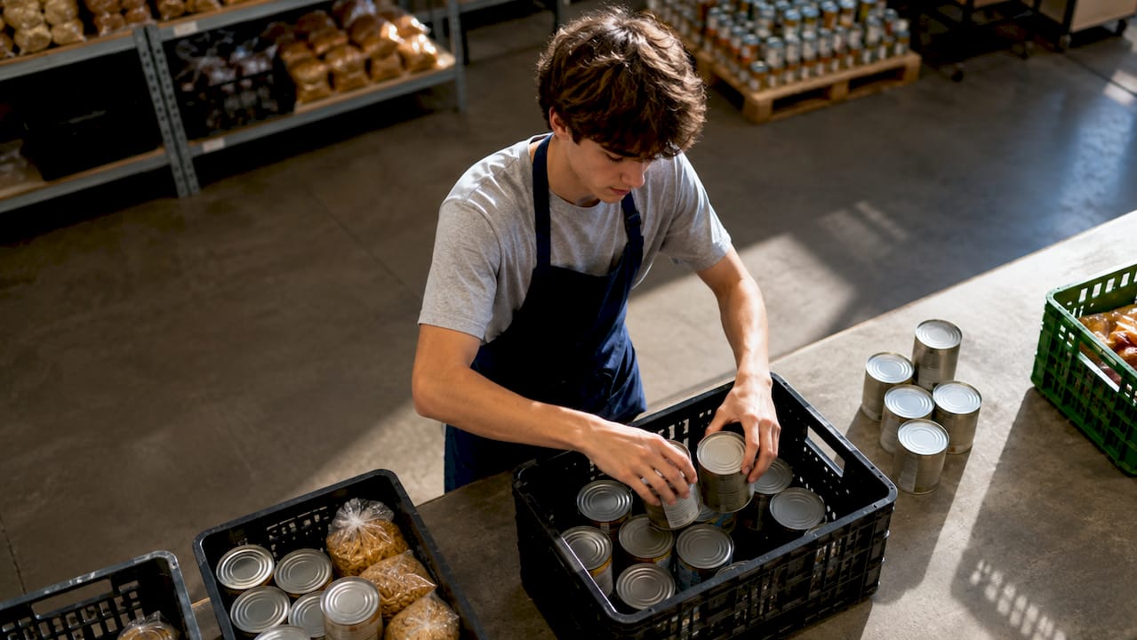 Teen volunteer sorting food at warehouse