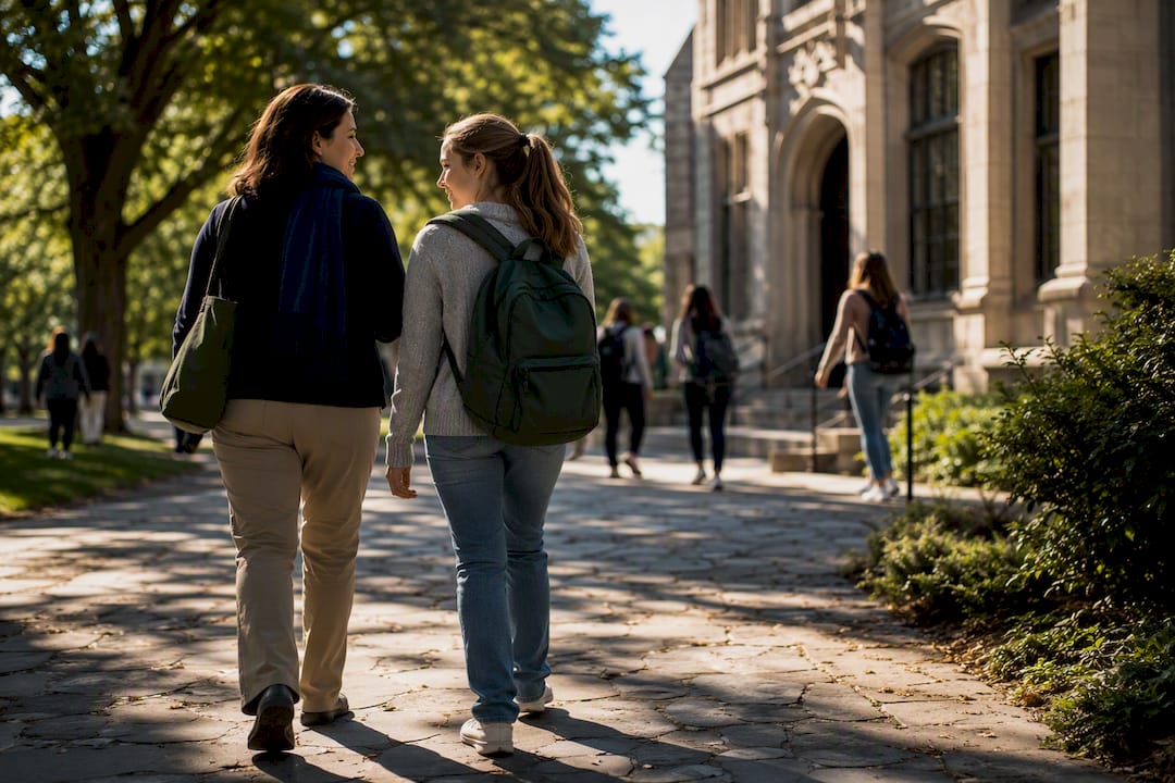 Family observing a college campus during weekdays