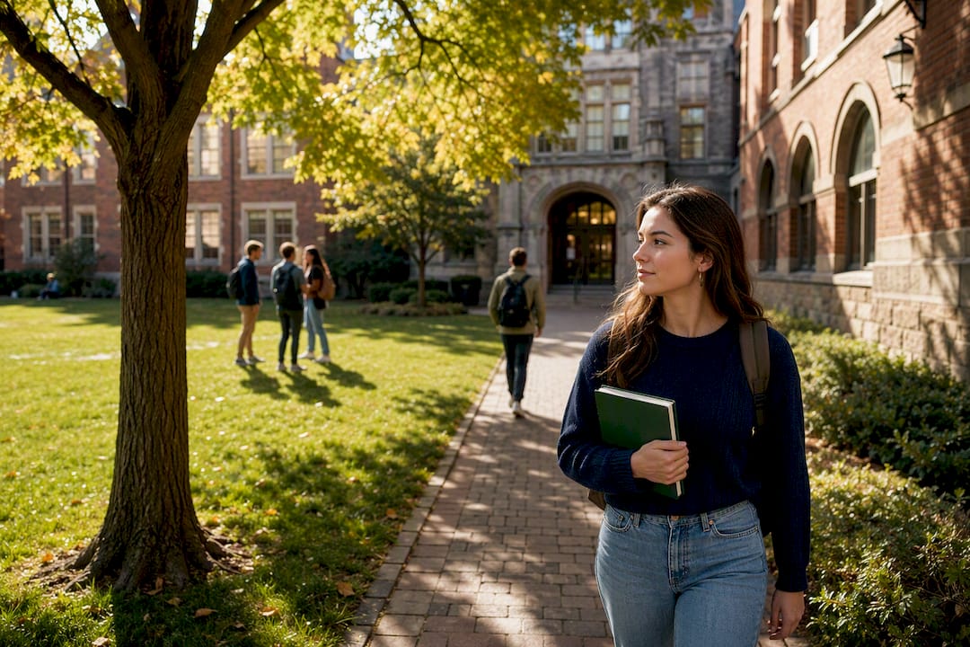 Students crossing a liberal arts college quad